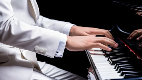 Monochromatic Elegance: Man in White Suit Playing Piano