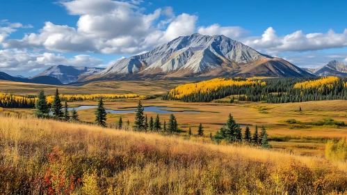 Autumn Mountain View with Golden Field