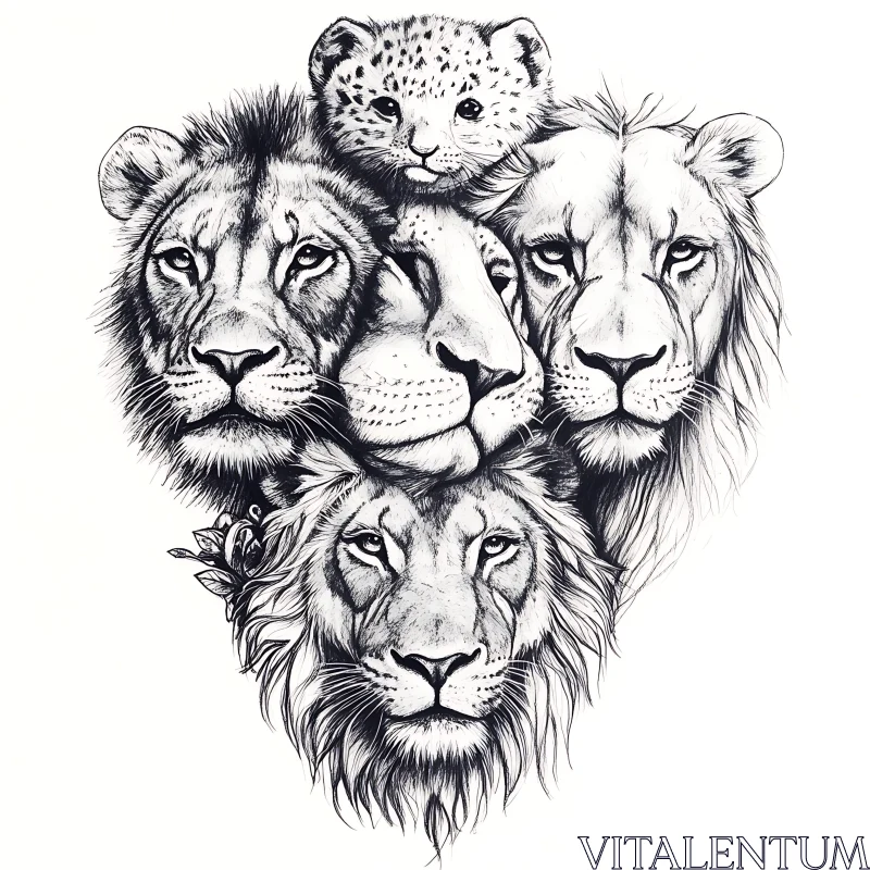 Monochrome Lion Family Portrait AI Image