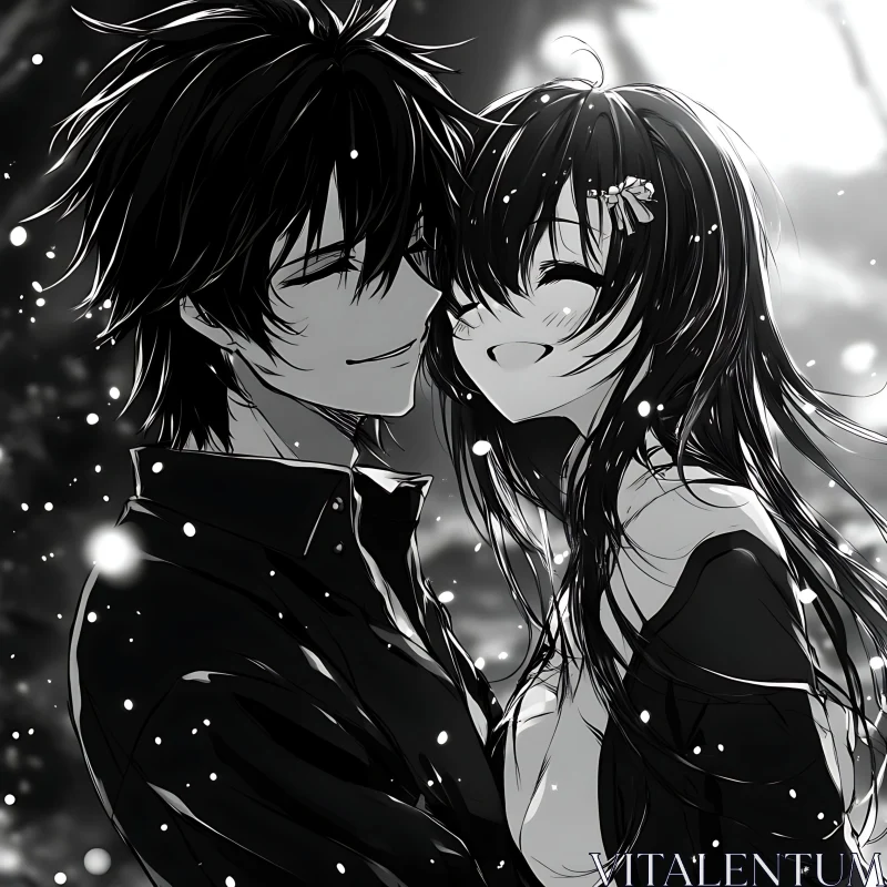 Anime Art: Joyful Couple Embracing in Snow AI Image