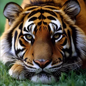 Close-Up Tiger Face Resting in Grass