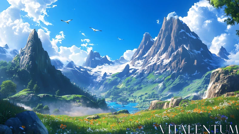 AI ART Picturesque Mountain Landscape with Meadow