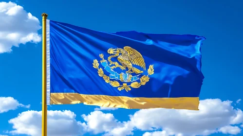Flag with Golden Emblem Against Blue Sky