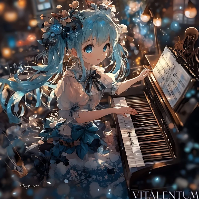 Enchanting Anime Art: Girl with Blue Hair at Piano AI Image