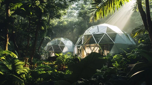 Sunlit Geodesic Domes Amidst Dense Jungle Foliage