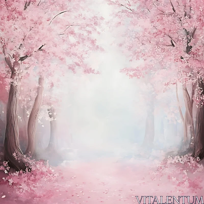 Serene Cherry Blossom Forest in Spring AI Image