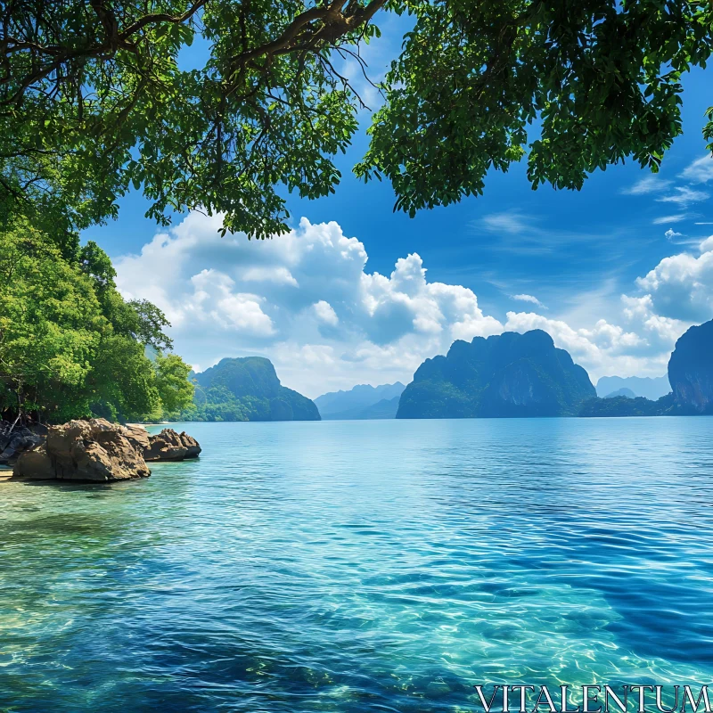 Picturesque Island with Green Trees and Mountains AI Image