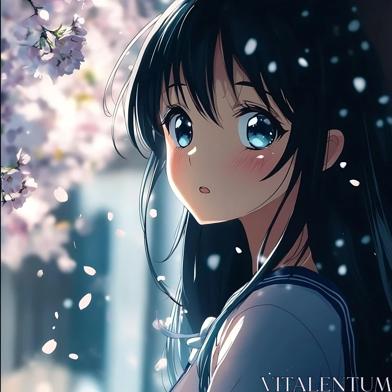 Anime Character Among Sakura Trees AI Image