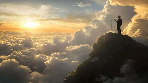 Man Measuring Clouds at Sunset Peak