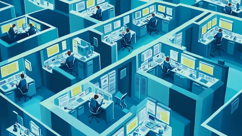 Blue Toned Office Cubicles Isometric View