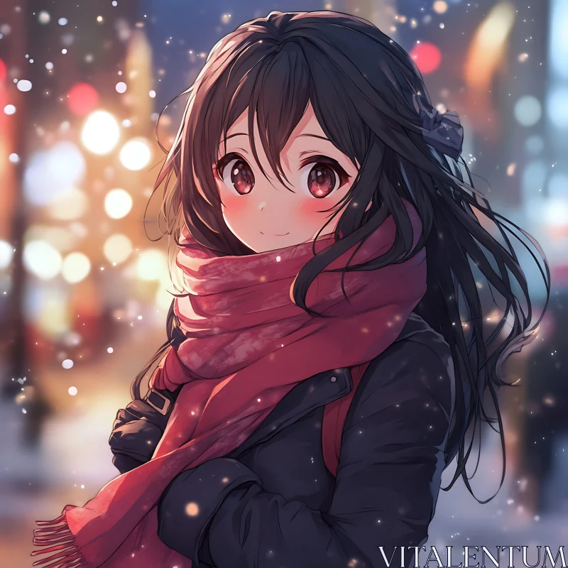 Winter Night Anime Character with Cozy Scarf AI Image