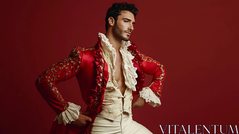 Man in Red Jacket with Gold Embroidery AI Image