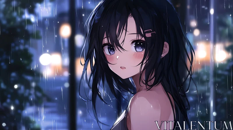 Nighttime Rain Anime Portrait AI Image