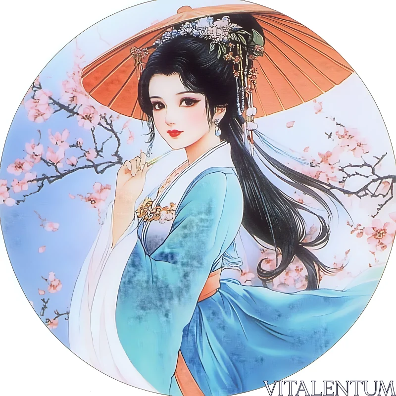 Elegant Anime Lady with Cherry Blossoms and Traditional Umbrella AI Image