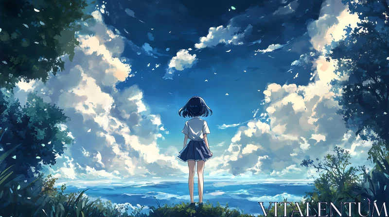 AI ART Anime Girl Facing Sky and Ocean