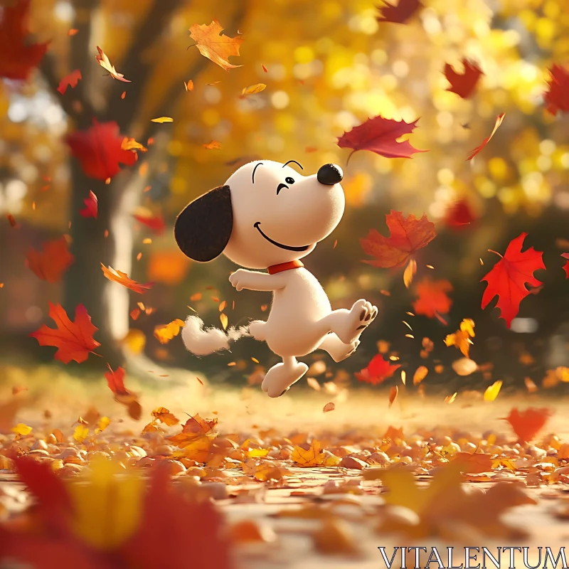 Happy Cartoon Dog in Fall Forest AI Image