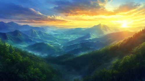 Sunlit Mountains and Forest View