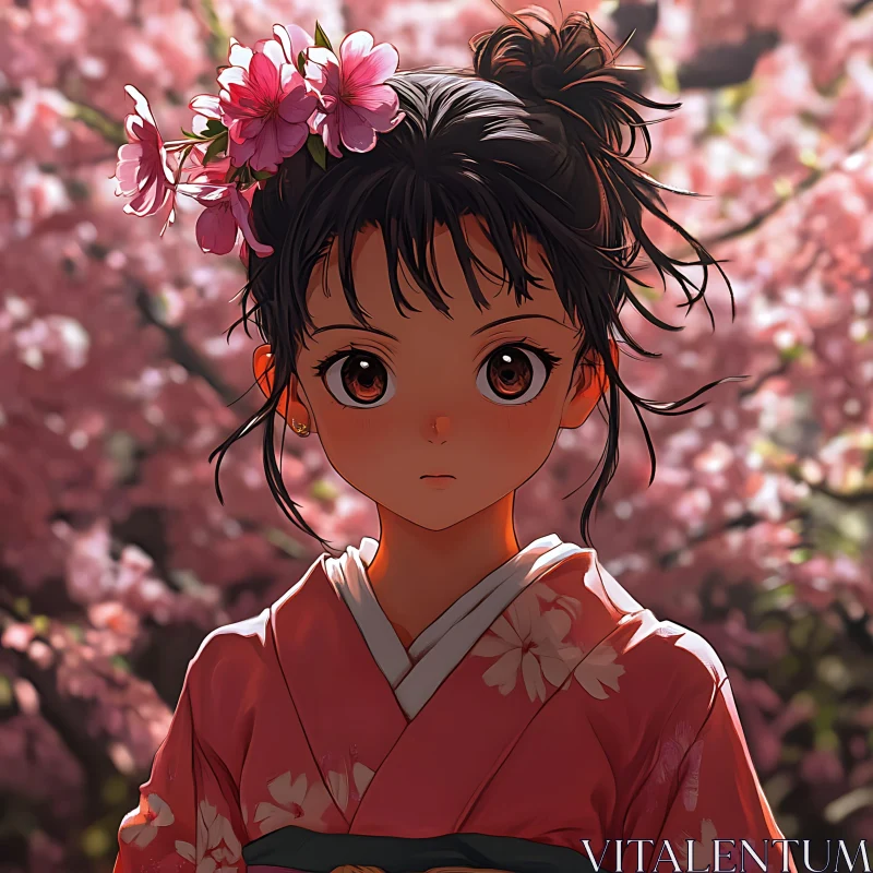 Anime Girl in Floral Kimono with Cherry Blossoms AI Image