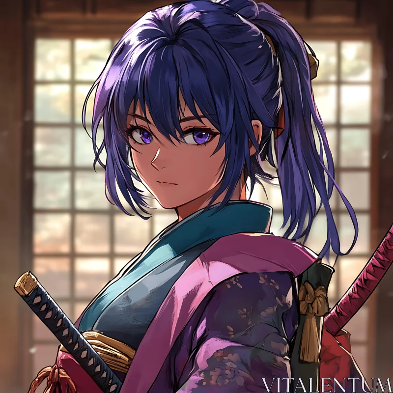 Violet-Eyed Female Samurai Anime Art AI Image