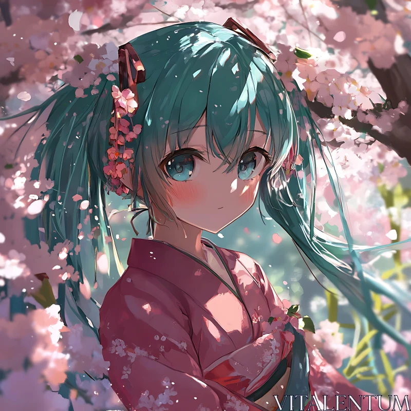 Serene Anime Girl in Cherry Blossom Grove AI Image