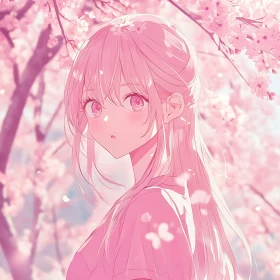 Gentle Anime Girl Surrounded by Blooming Cherry Blossoms