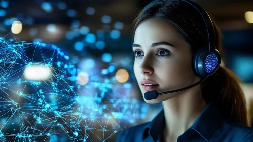 Woman in Headset with Abstract Network