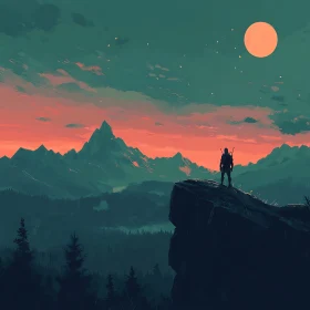 Silhouette on a Cliff Overlooking Mountains