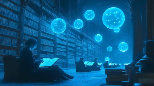 Readers in a Blue Lit Library