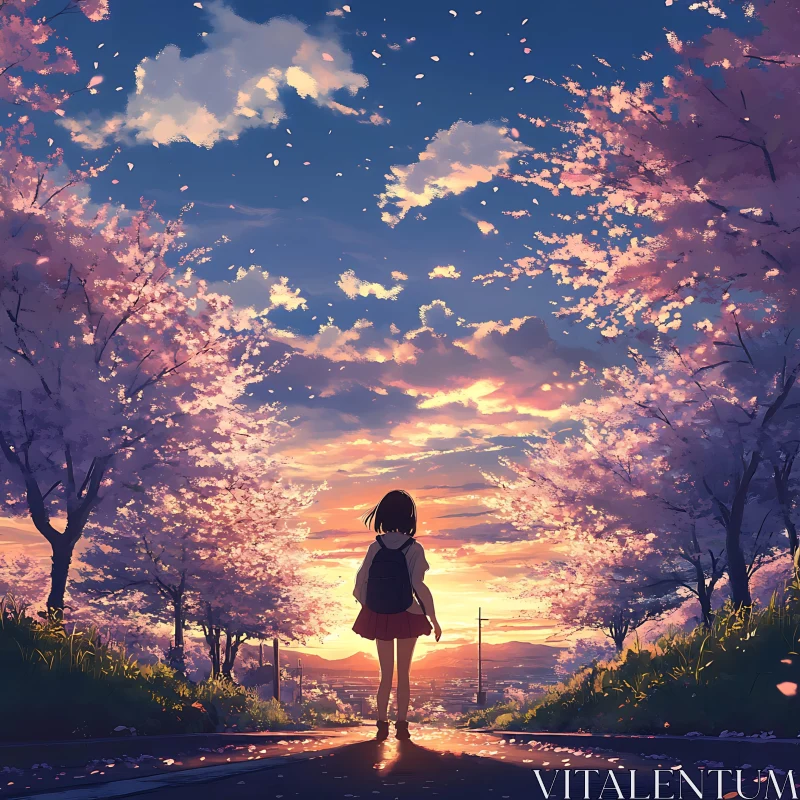 Tranquil Anime Sunset with Blossoming Trees and Lone Girl AI Image