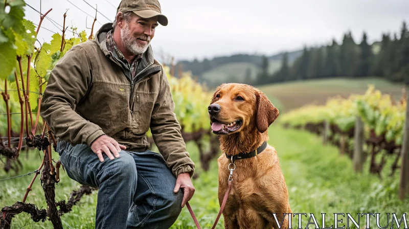 AI ART Farmer and Dog Companionship in a Vineyard