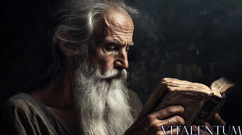 Elderly Man Reading Ancient Book in Soft Light AI Image