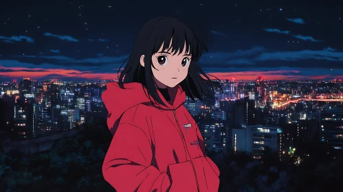 Anime Girl in Illuminated Urban Nightscape