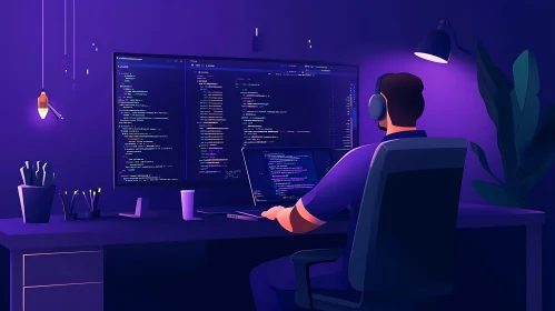 Programmer at Desk with Multiple Monitors