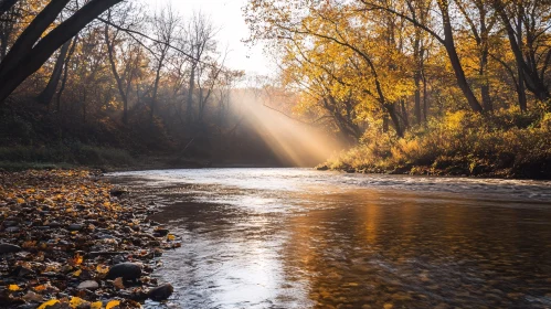 Peaceful Autumn River Landscape with Golden Sunlight