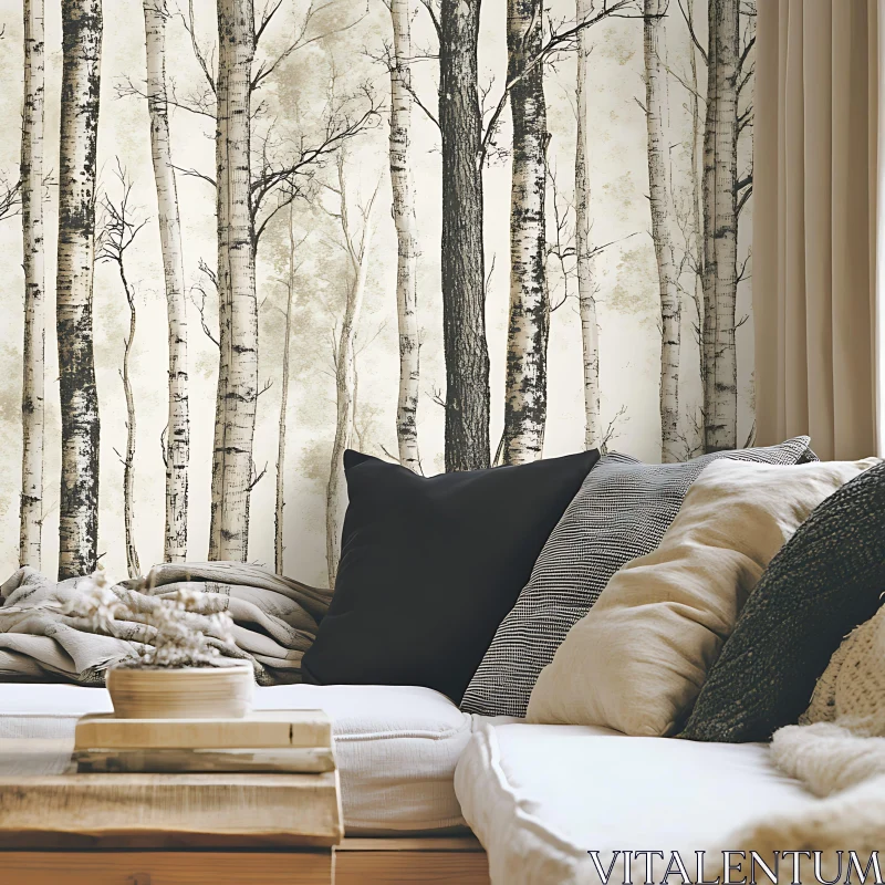 Comfortable Living Room with Birch Tree Mural AI Image