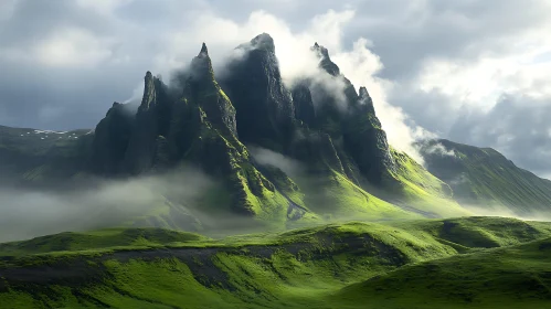 Lush Green Mountain Landscape with Cloudy Sky