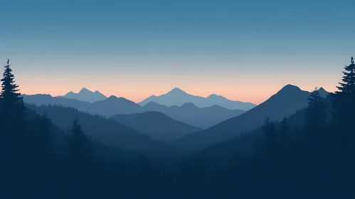 Blue Mountain Landscape with Pine Trees