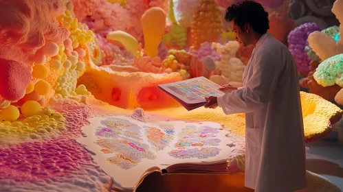 Scientist in Colorful Microscopic World