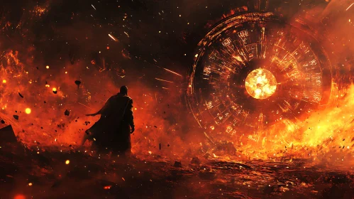 Fiery Sphere and Lone Man in Wasteland