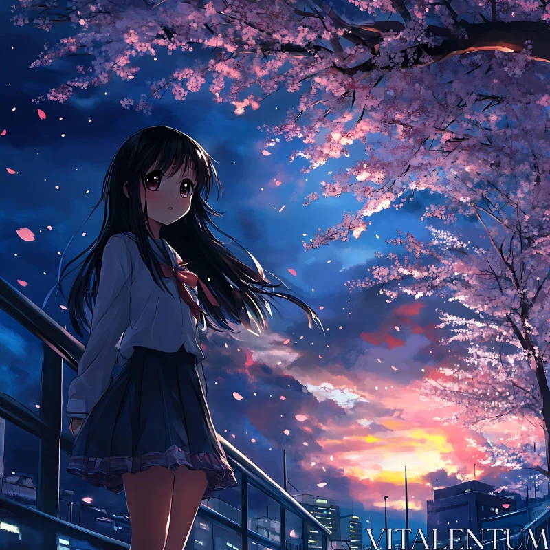 Contemplative Anime Scene with Cherry Blossoms and Sunset AI Image