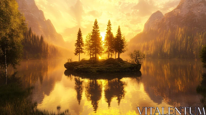 Golden Sunset Landscape over a Lake with Reflective Waters AI Image