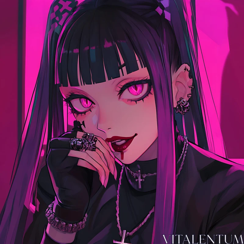 Gothic Anime Girl Portrait with Dark Attire and Pink Eyes AI Image