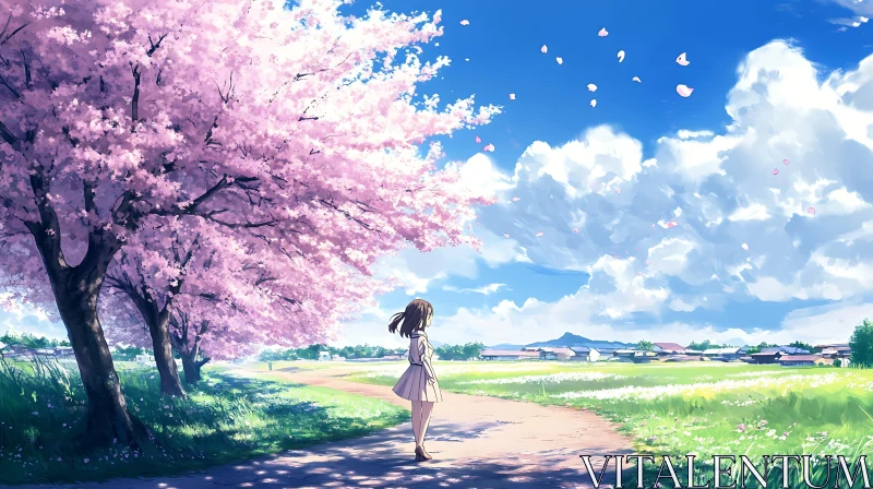 Anime Girl Under Cherry Blossom Trees AI Image