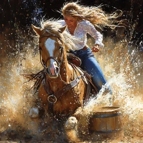 Woman on Horseback Splashing Through Water