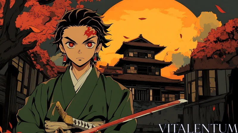 Young Samurai at Sunset in an Anime Setting AI Image