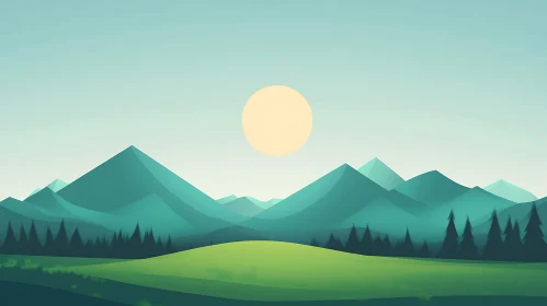 Minimalist Mountain Scene with Rising Sun