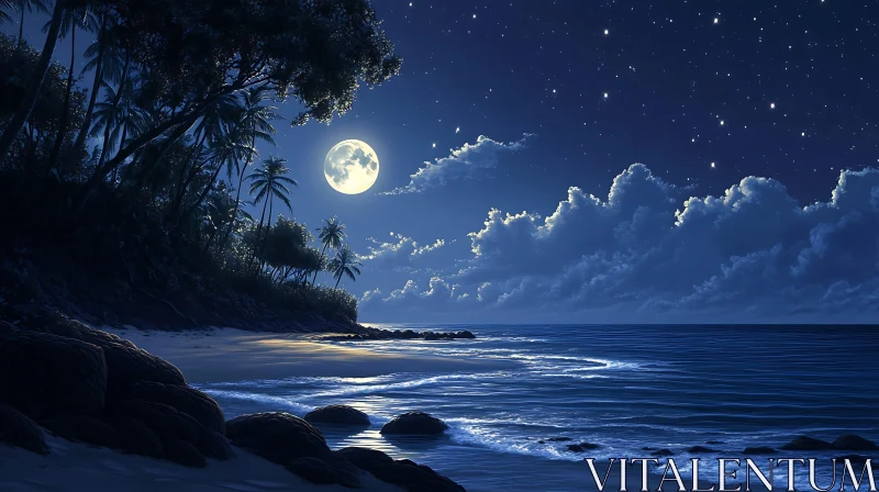 Night Seascape with Moon and Stars AI Image