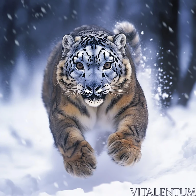 AI ART Majestic Snow Leopard in Winter Forest