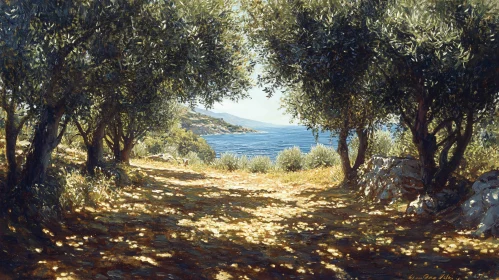 Sunlit Path through Trees to the Sea