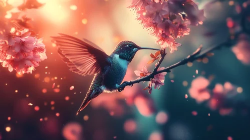 Hummingbird Amidst Blossoming Cherry Flowers